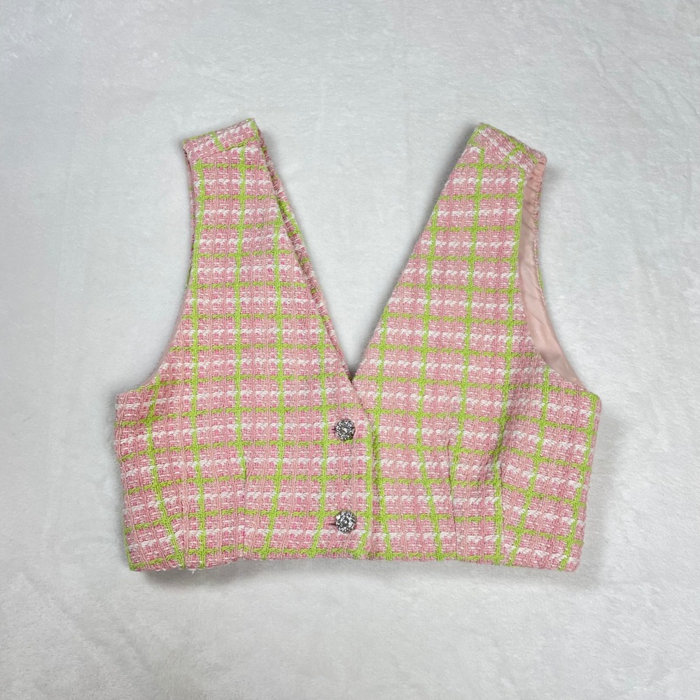 Zara Tweed Crop Vest Women XS Pink Lime Green Plaid Rhinestone Button Excellent